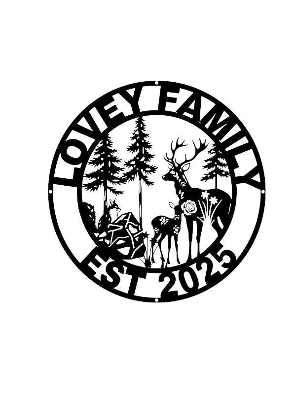 Metal Wall Sign for LOVEY Family - Established 2025 with Deer, Fox & Pine Trees